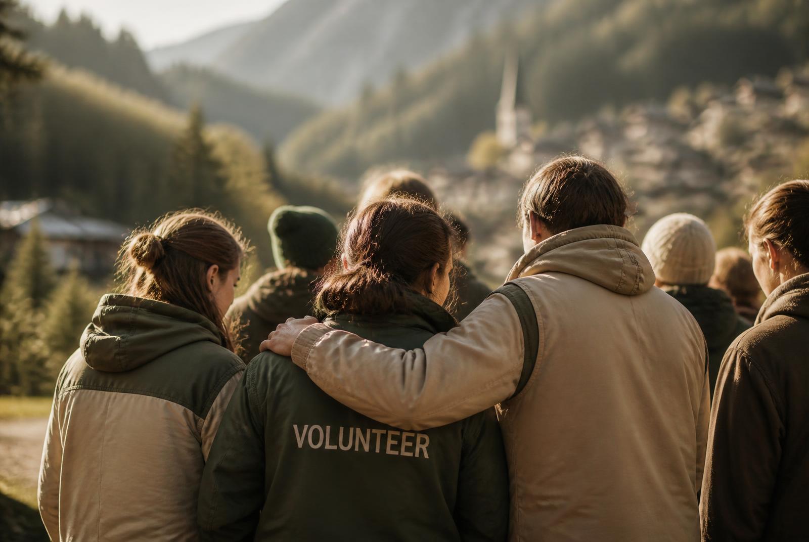 Bénévoles rassemblés en soutien dans un paysage alpin, symbolisant l'aide apportée après le drame de Crans-Montana