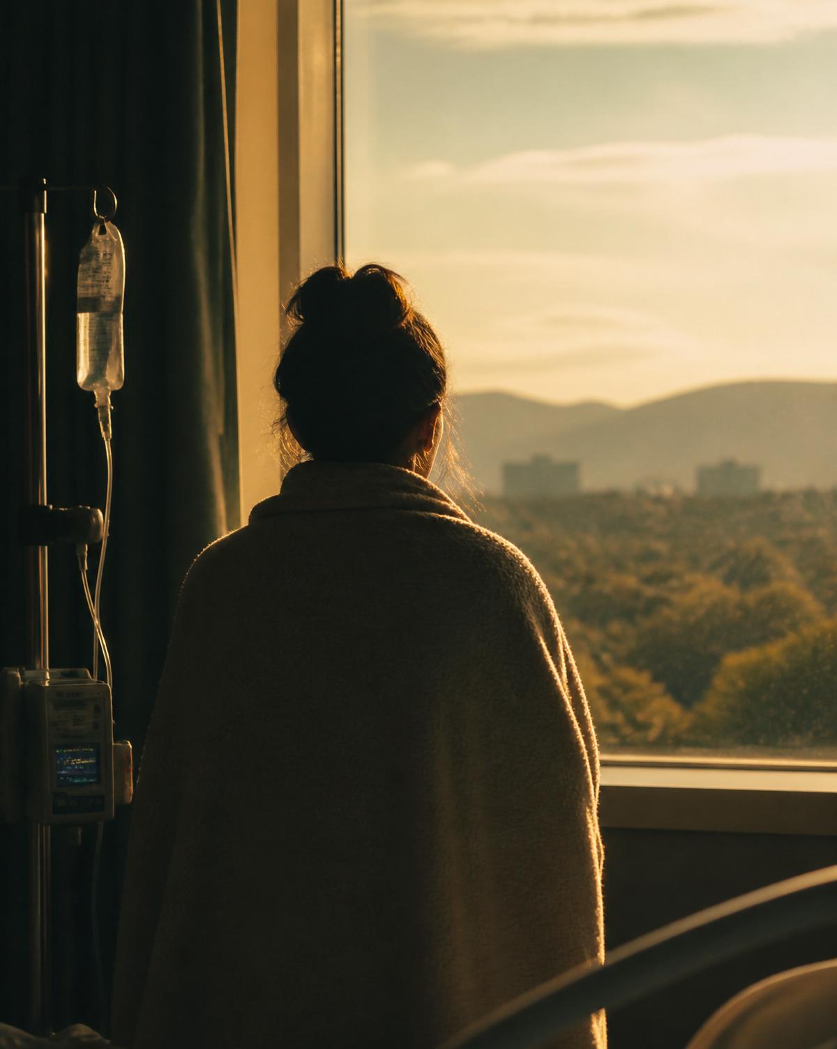 Silhouette d'une personne face à une fenêtre au lever du soleil, symbole d'espoir après l'épreuve